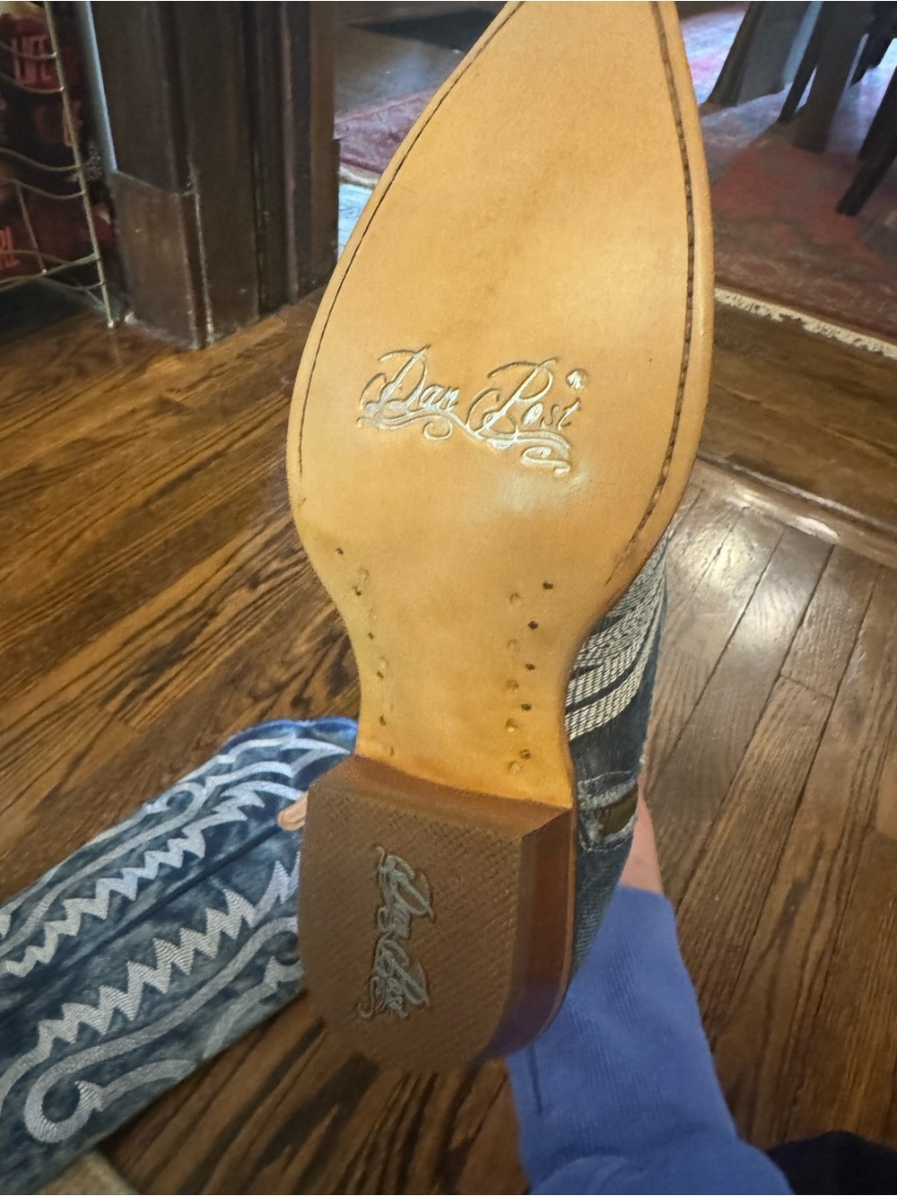 Dan Post Distressed Denim-Blue Embroidered Western Boot with Tan Pull - Picture 6 of 8